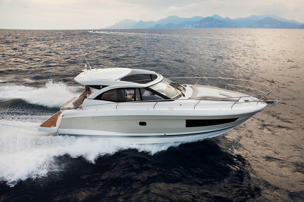The new Jeanneau Leader 36 is offered with twin Volvo diesels in either 260 or 300 hp, or twin MerCruiser 5.7-liter 300-hp gasoline engines. Photo courtesy of Jeanneau.