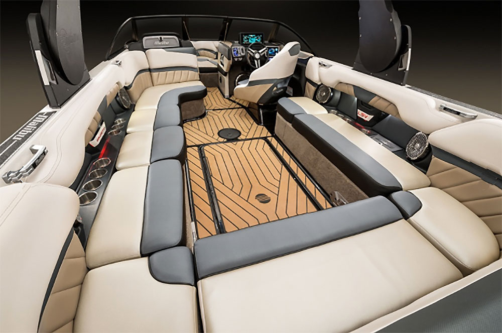 Inside, the Malibu is as tricked-out as they come. Note the multiple touch-screen displays gracing the helm station.