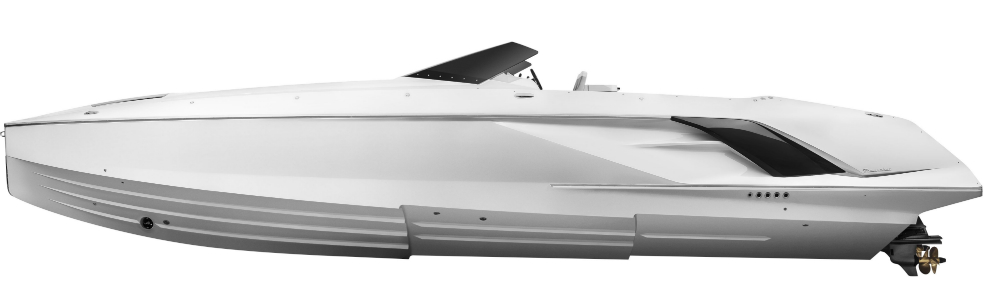 A rendering of the 1414 Demon's side view shows the stepped hull shape.