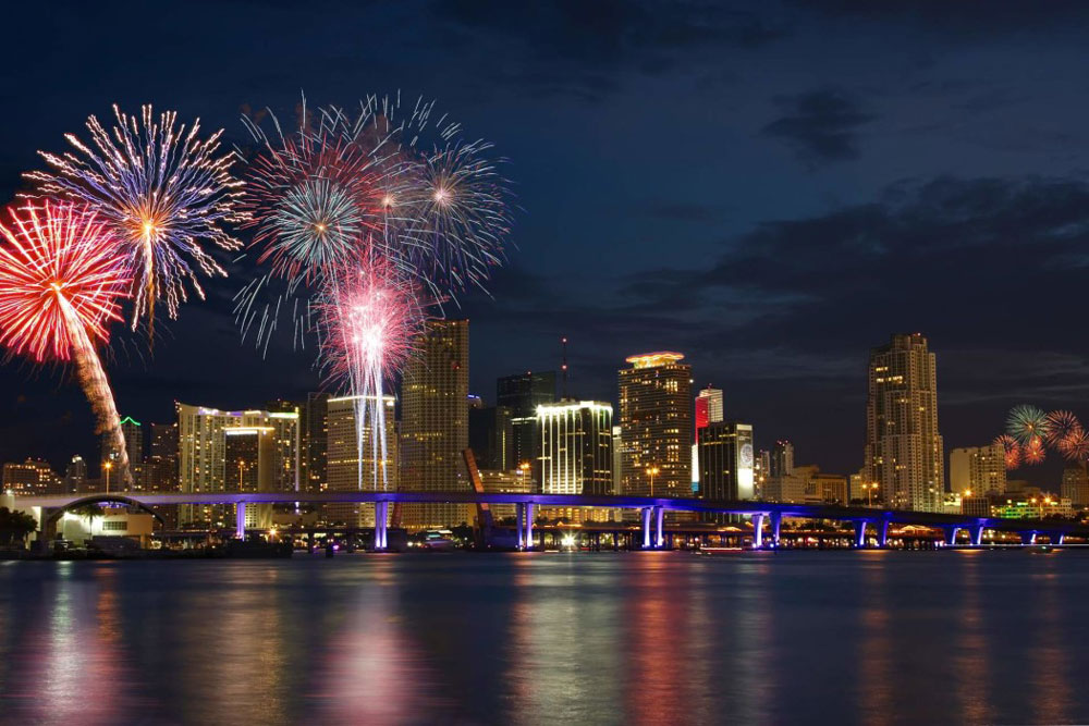 There are a few fireworks displays to enjoy in Miami, FL, on July 4, but we like the one at Bayfront Park the best. Photo courtesy miamibeach.com