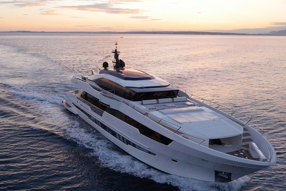 The bridge is located on the third (top) level between the forward and aft lounge areas. Note the covered stowage at the bow where two PWCs ride in protected comfort until they’re deployed for the enjoyment of guests.