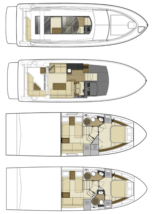 Beyond the aforementioned differences due to the addition of the flybridge, the 400 models share the same essential layouts.