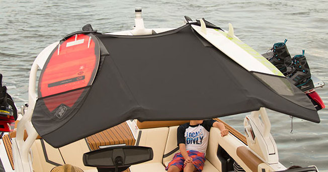 Where will you stow those surf boards? Not a problem, with the new Bimini top offered by Nautique.