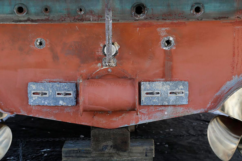 Bow thrusters are usually mounted in a structural fiberglass tube in the bow of a boat, while stern thrusters (as seen here) are often mounted in a tube on the external surface of the stern. 
