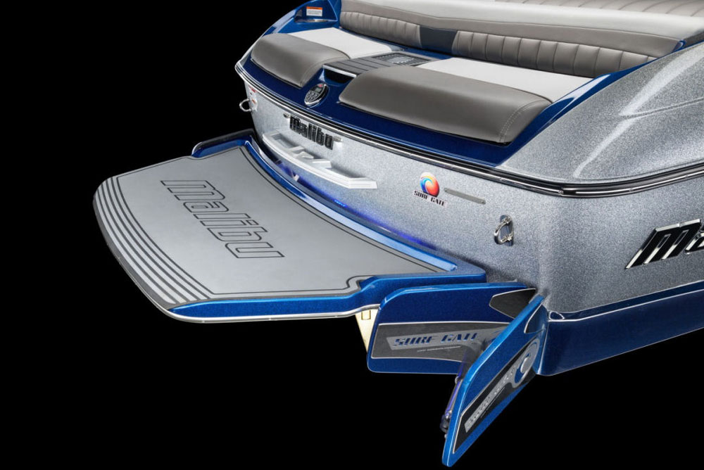 Surf Gate system works like vertical trim tabs on the transom mounted nearly parallel with the hull sides.