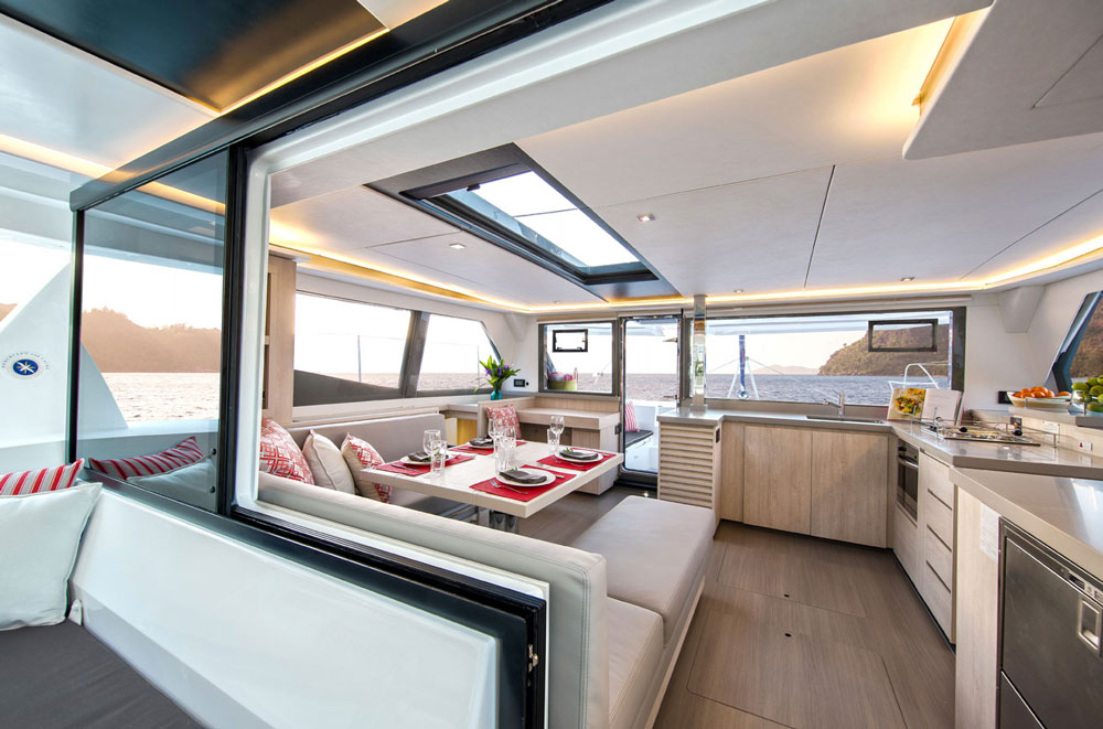 Grey Corian countertops complement the stainless-steel refrigerator drawers and the cabin sole is a couple of shades darker than the cabinetry. For anyone who thinks of catamarans as utilitarian and plain should take a look at the luxe styling of the Leopard 45, because there’s nothing stark about it.