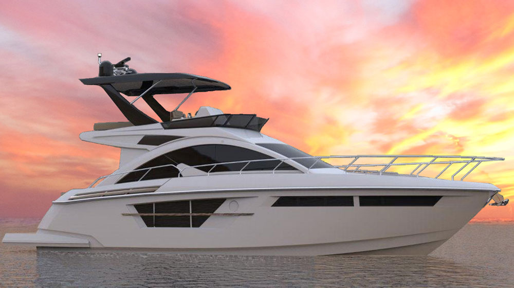 The flybridge is protected by a dark grey hardtop that adds a nice contrast to the white hull and topsides. With its angled support, the top is modeled after that of the flybridge version of the 60 Cantius and seems to float above the vessel without making it look top-heavy. 