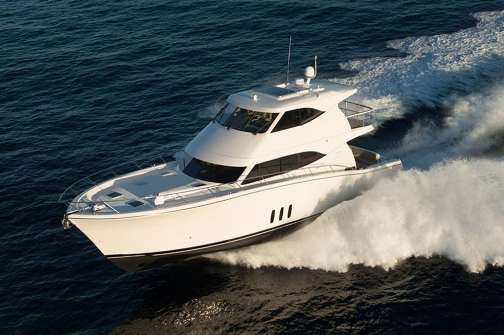 The M64 is powered by twin Volvo Penta D13 900 HP diesels with shaft drives. Pod drives are not an option but with a bow thruster and an aft cockpit command station with joystick control, maneuvering and backing into a tight slip should be easy. 