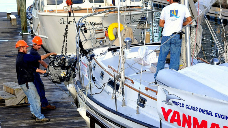 Repowering with diesel can make sense for boats that need more torque and reliability  for voyaging, or that have older gasoline engines that need replacing. Photo courtesy of Oldport Marine Services.
