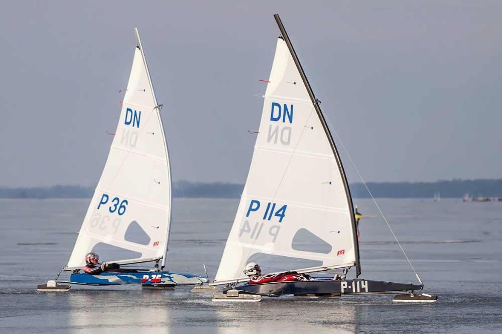 DN iceboats sail across a frozen lake at high speeds; these 12-foot long, one-person “boats” race as an international class in Europe and North America.