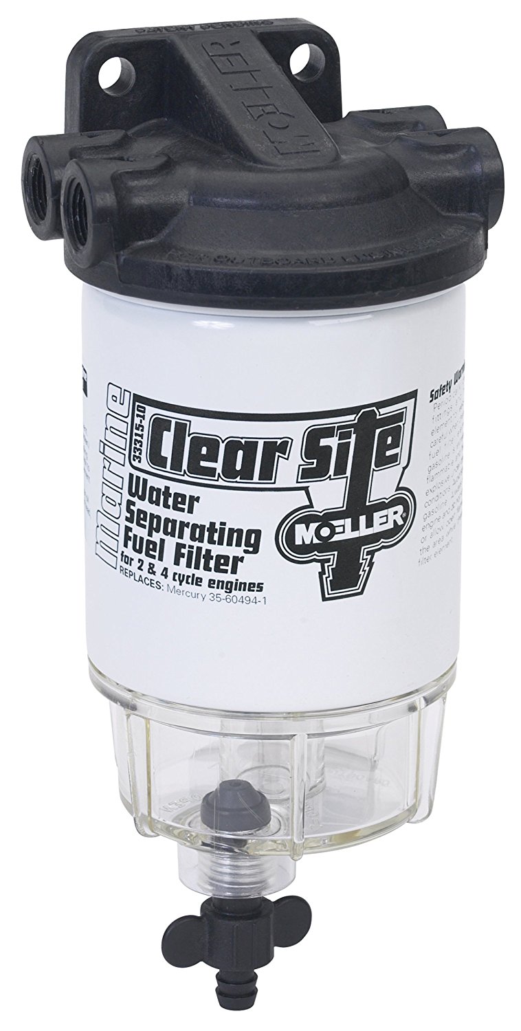 This Moeller Clear-Site water separator and filter allows you to see any water settled into the bottom of the clear plastic fuel bowl, and has a large opening valve to drain the water out. However, depending on the boat and fuel system arrangement, such filters may not be compliant with USCG or ABYC standards.