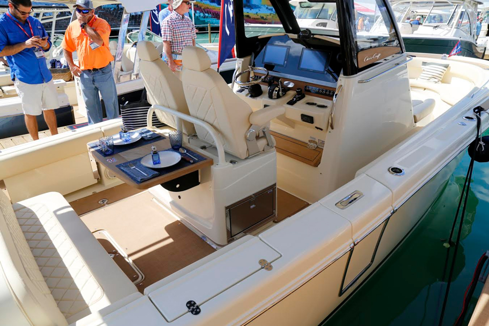 The helm seats on the Catalina 30—two bucket-style chairs with flip-up bolsters—are among the most comfortable we’ve ever parked our back ends in.