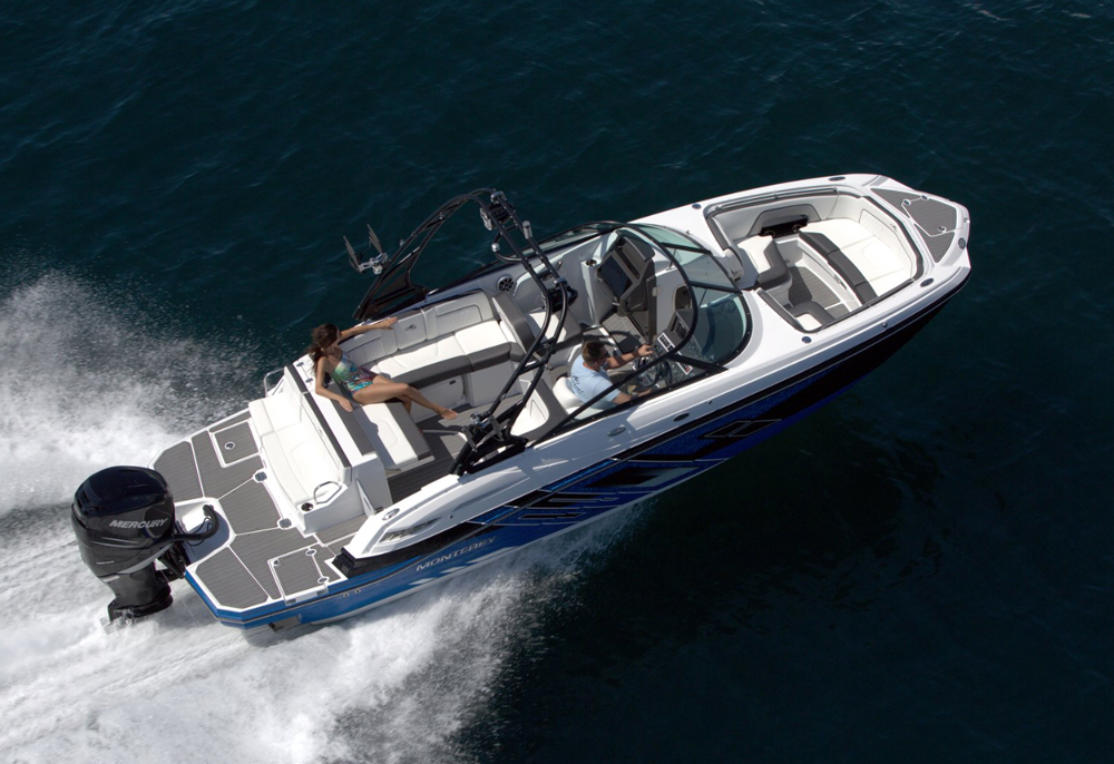 The Monterey M-65 comes with a 300-horsepower Mercury Verado or Yamaha outboard.
