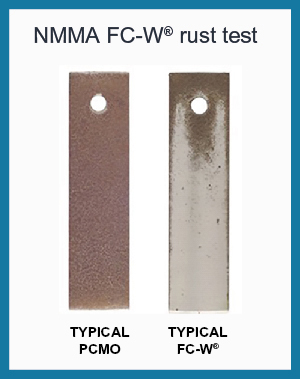 These steel coupons have been subjected to an NMMA standard corrosion test. The coupon on the left was protected by automotive oil, the coupon on the right by a quality FC-W marine oil.