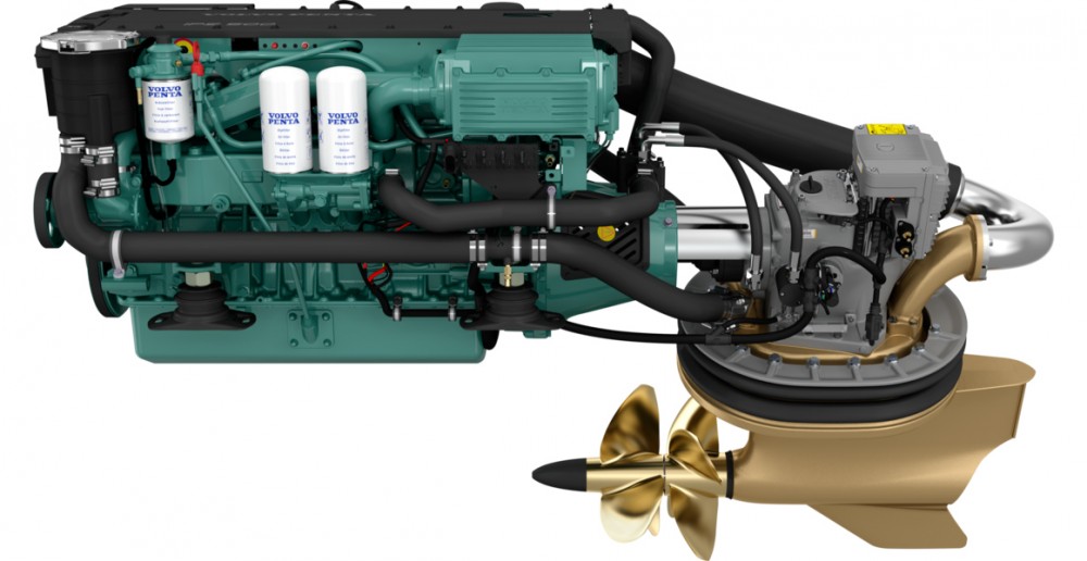The 370-hp Volvo Penta IPS500 is a modern turbocharged common-rail diesel. In this photo the engine is mated to a pod drive system with twin counter-rotating props. Note that the filters on the port side of the engine are easily accessible for changing. Volvo Penta photo.