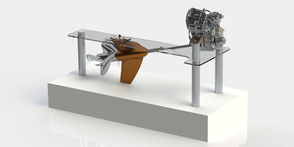 The ZF Marine Project Disruption concept places a gearbox within the propshaft strut that drvies contra-rotation propellers.